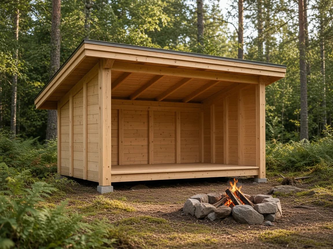 Træshelter i grønne omgivelser