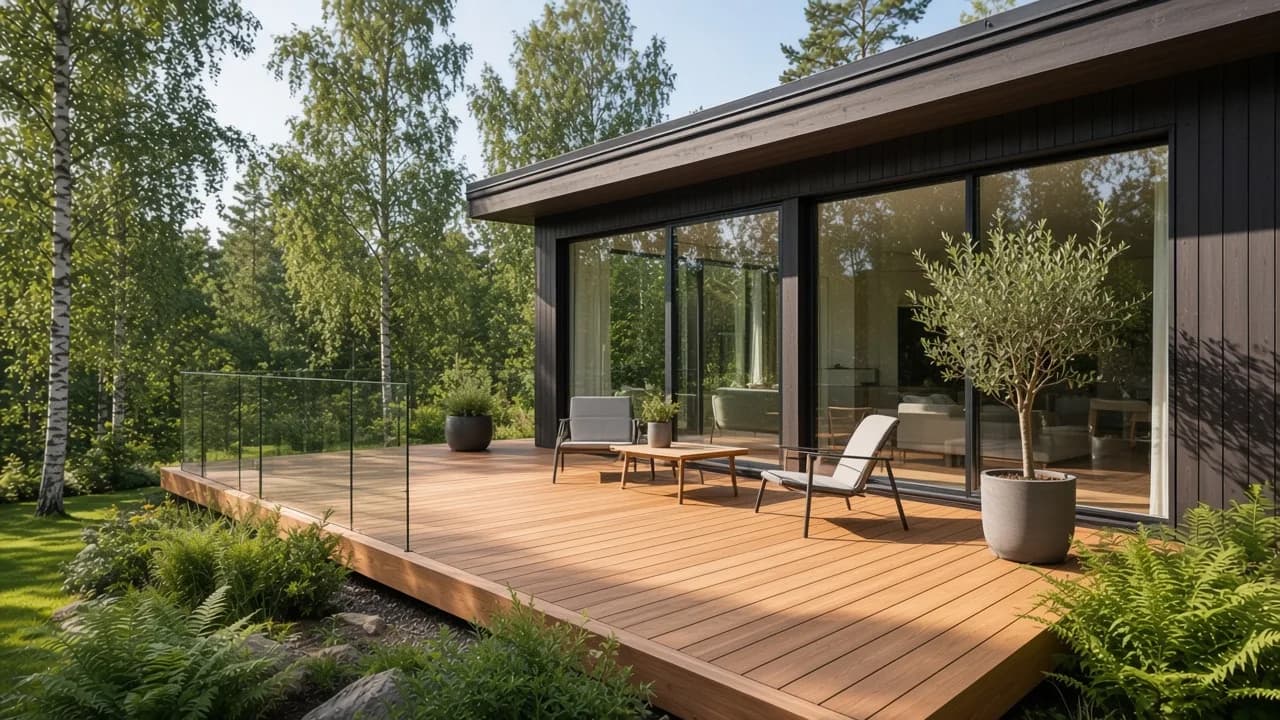 Færdig træterrasse i en grøn have